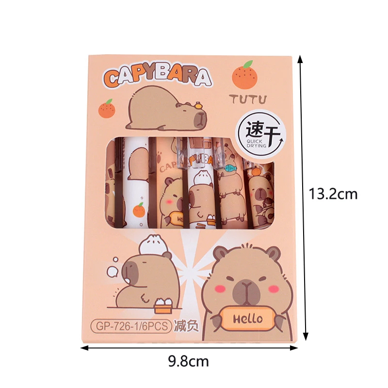 Stylos gel de dessin animé Kawaii Capybara, séchage rapide, écriture lisse, stylos melon al, fournitures scolaires et de bureau, papeterie mignonne pour étudiants, 6 pièces