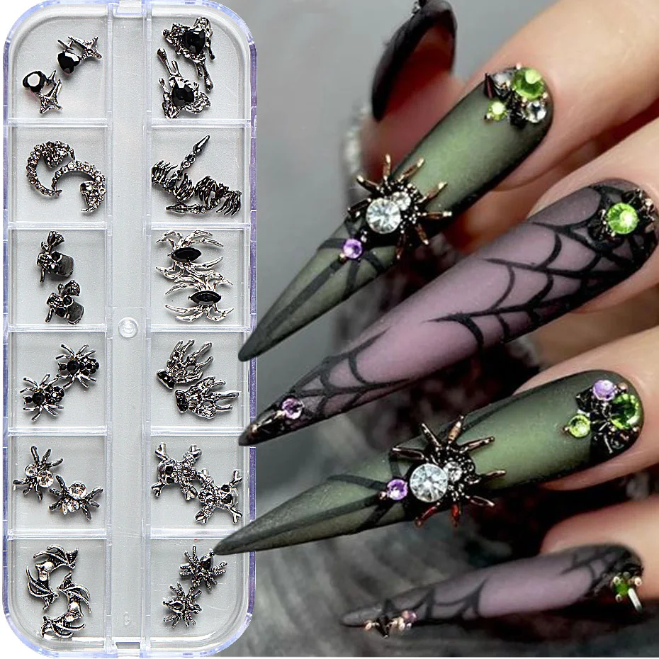 Halloween Spider Plated Red Rhinestone Metal Heart Bat Ghost Hand Claw Skull Alloy 3D Nail Art Decoration Mixed DIY Nail Supplie