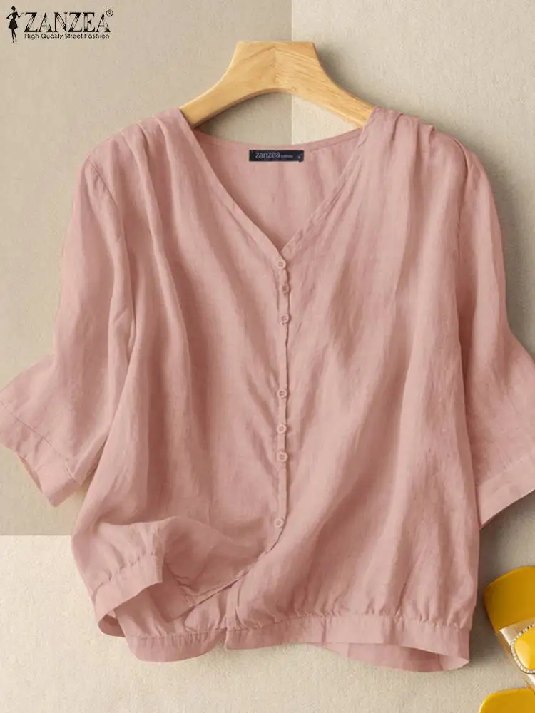 ZANZEA Summer Vintage V Neck 3/4 Sleeve Blouse Women Solid Cotton Shirt Casual Loose Blusas Oversize Buttons Tops Tunic Chemise