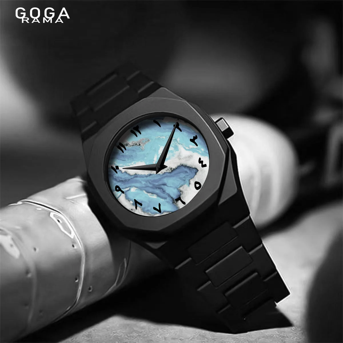 GOGARAMA Personalized Custom Brand Logo Blue Dial Arabic Numerals Quartz Men's Business Watch