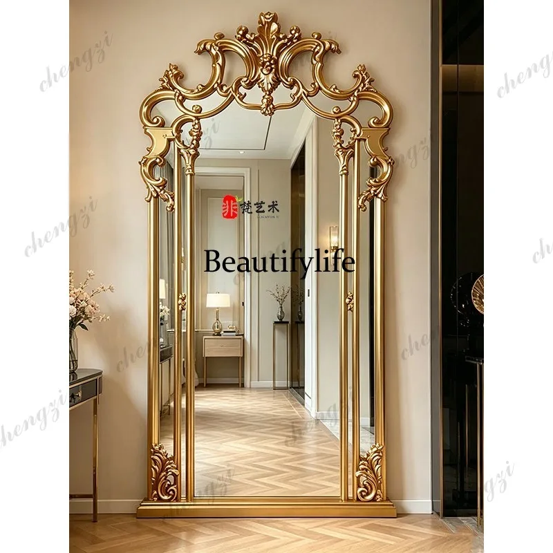 French retro carved full-length mirror, living room wall-mounted porch, gothic floor-to-ceiling full-length mirror