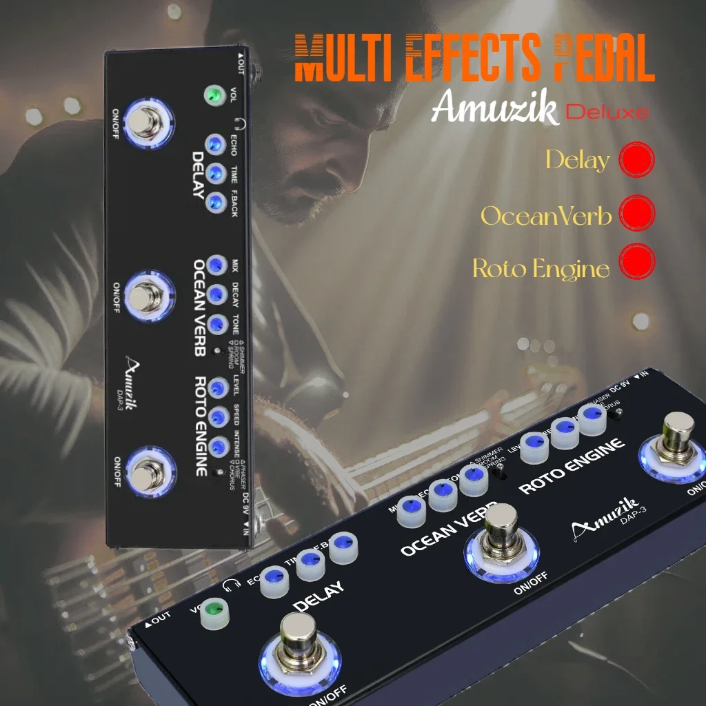 Amuzik Electric Guitar Multi Effect Pedal Bass Effects 3 in 1 Effectors Delay Roto Engine Ocean Reverb multi-effects DAP-3