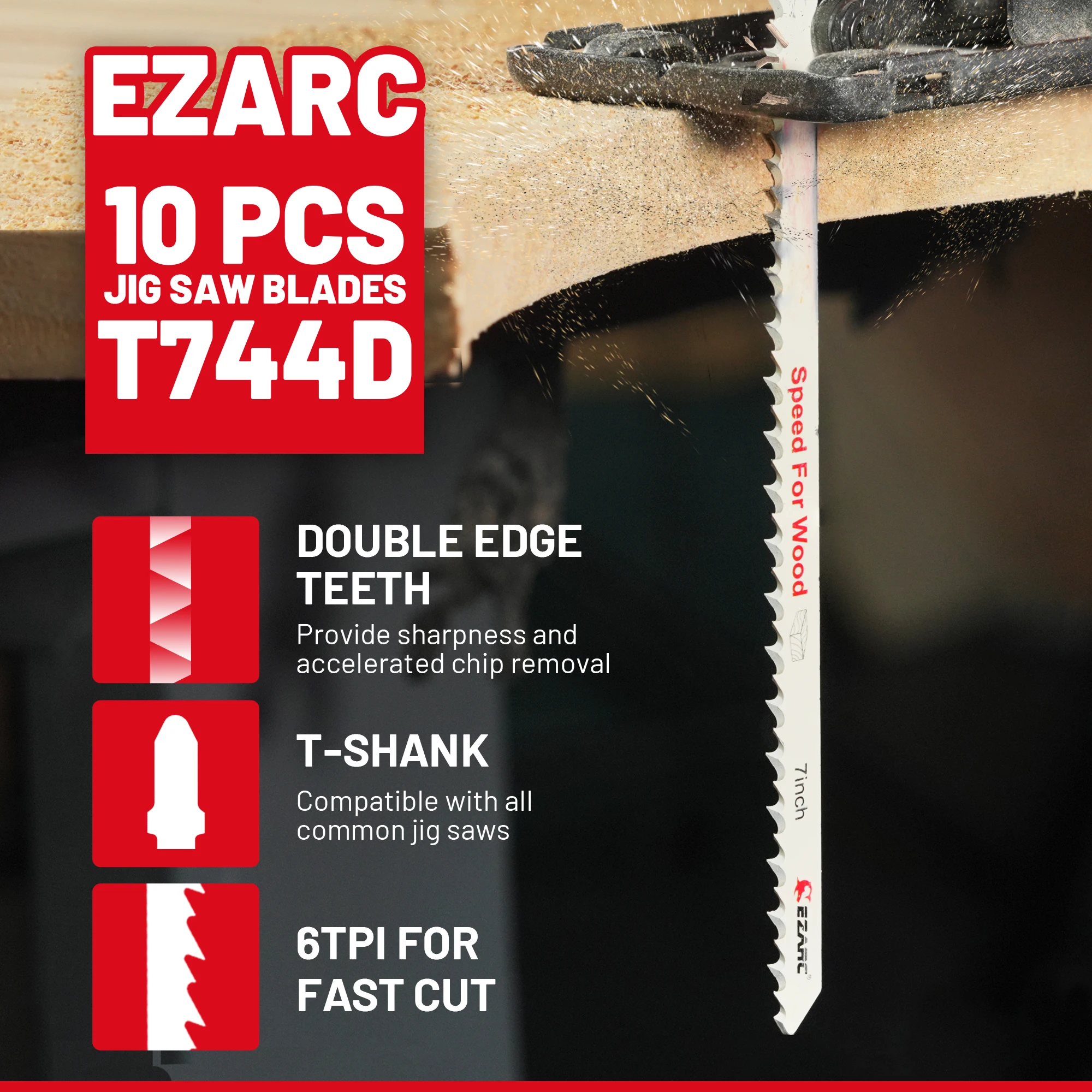 EZARC 7 inch Jigsaw Blades Set 10pcs Extra Long Jig Saw Blades for Cutting Wood Assorted 6 TPI Curved Scrolling Cutting T-Shank