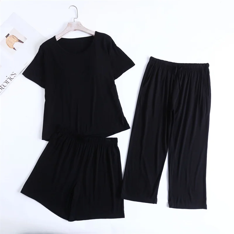 

Women's Clothing Sets Casual Short Sleeve Shorts Cropped Pants Three Piece Suit Chest Pad Sleepwear Pajamas Female Home Wear