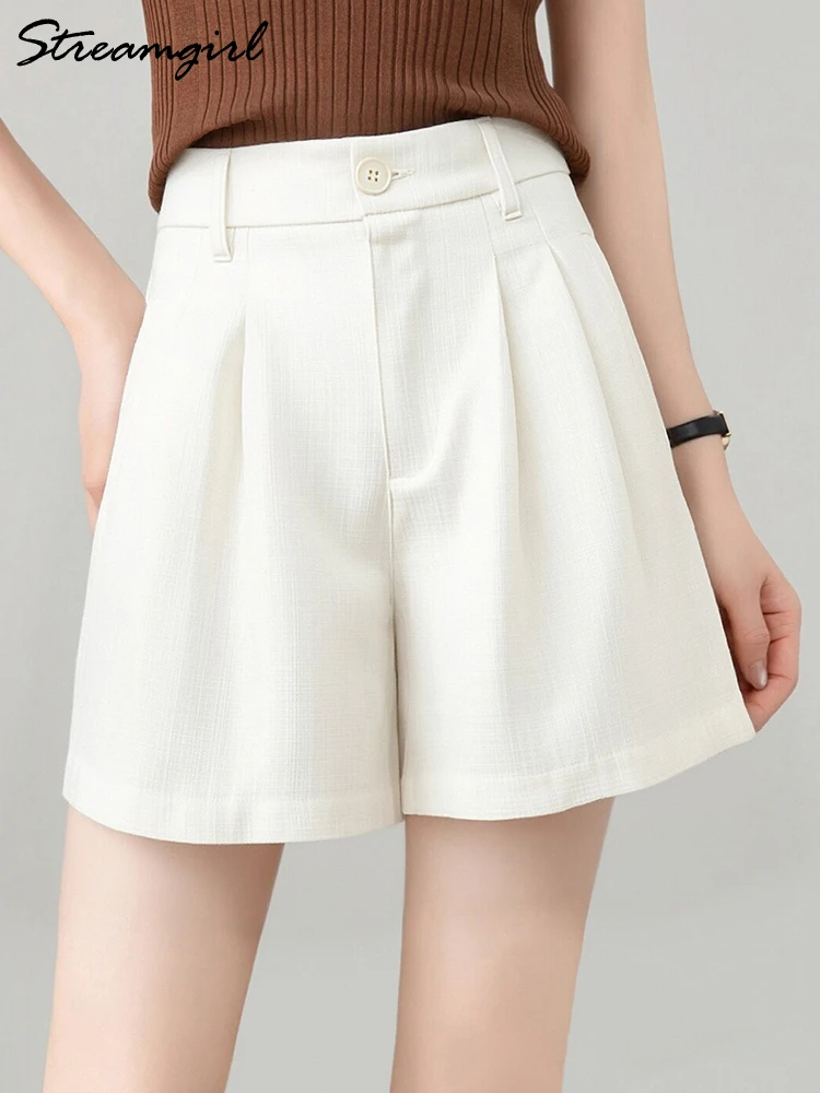 Streamgirl Women's Summer White Shorts With Pockets Classic High Waisted Black Office Shorts Ladies 100 Cotton Shorts For Women