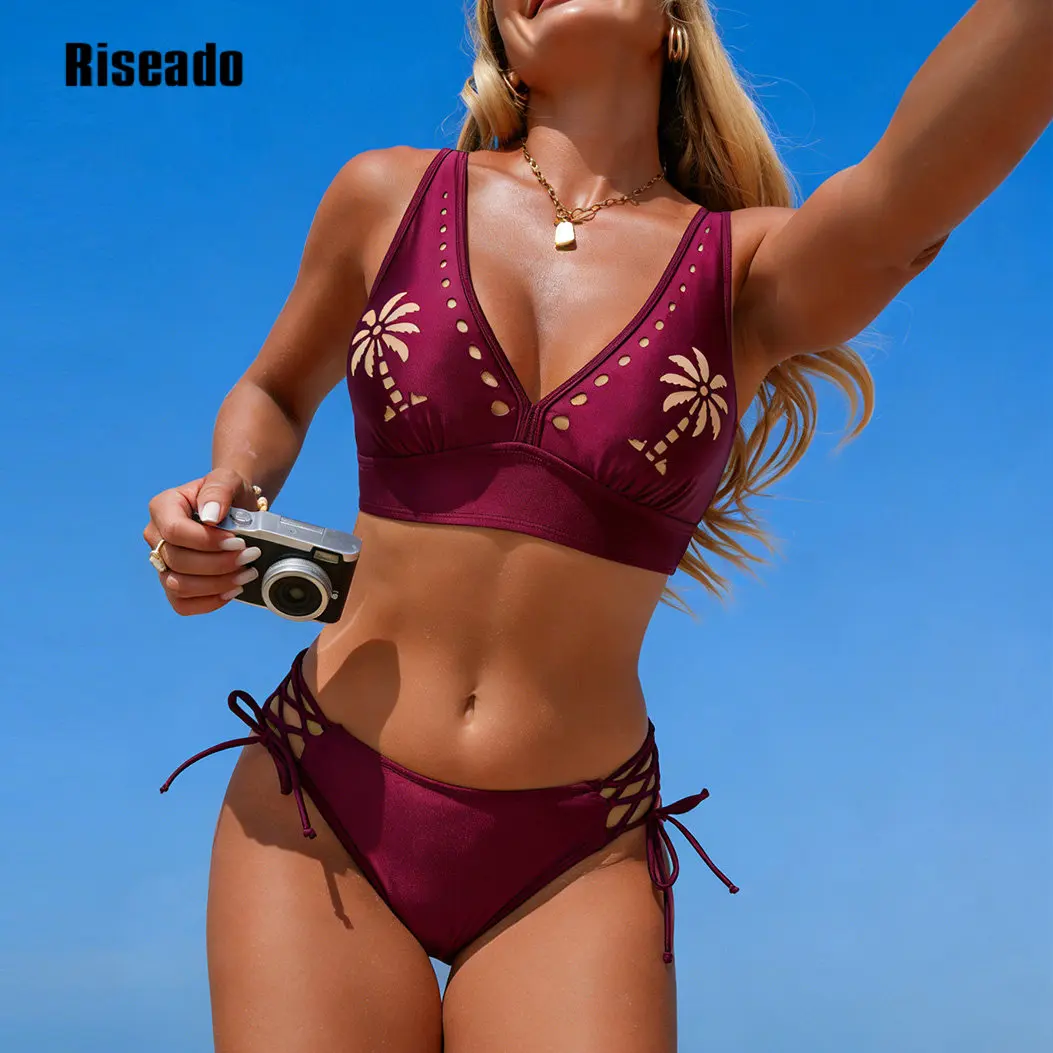 

Women's Bikini Sets Two Piece Swimsuit V Neck Stitching Side Cutout Back Hook Adjustable Straps