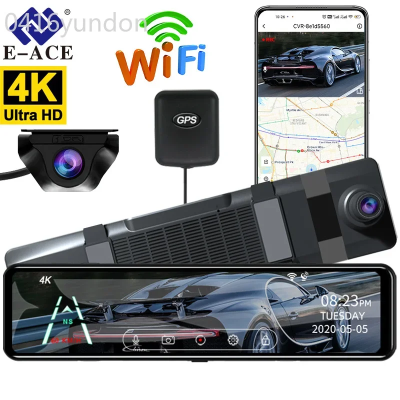 

E-ACE 12 Inch 4K Car Dvr Mirror WiFi GPS IPS Screen Stream Rear View Dash Cam Mirror Dual Car Camera Drive Recorder Black Box