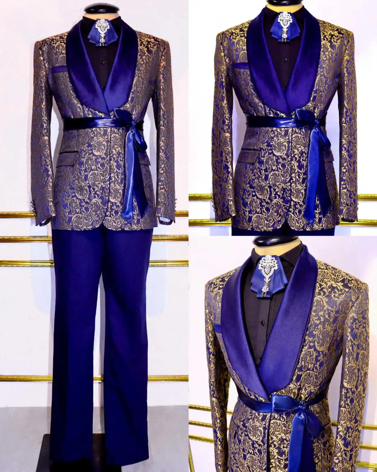 

Fashion Jacquard Men Suit 2 Pieces Slim Fit Jacket Pants Shawl Lapel Groom Wedding Tuxedo Formal Party Customized