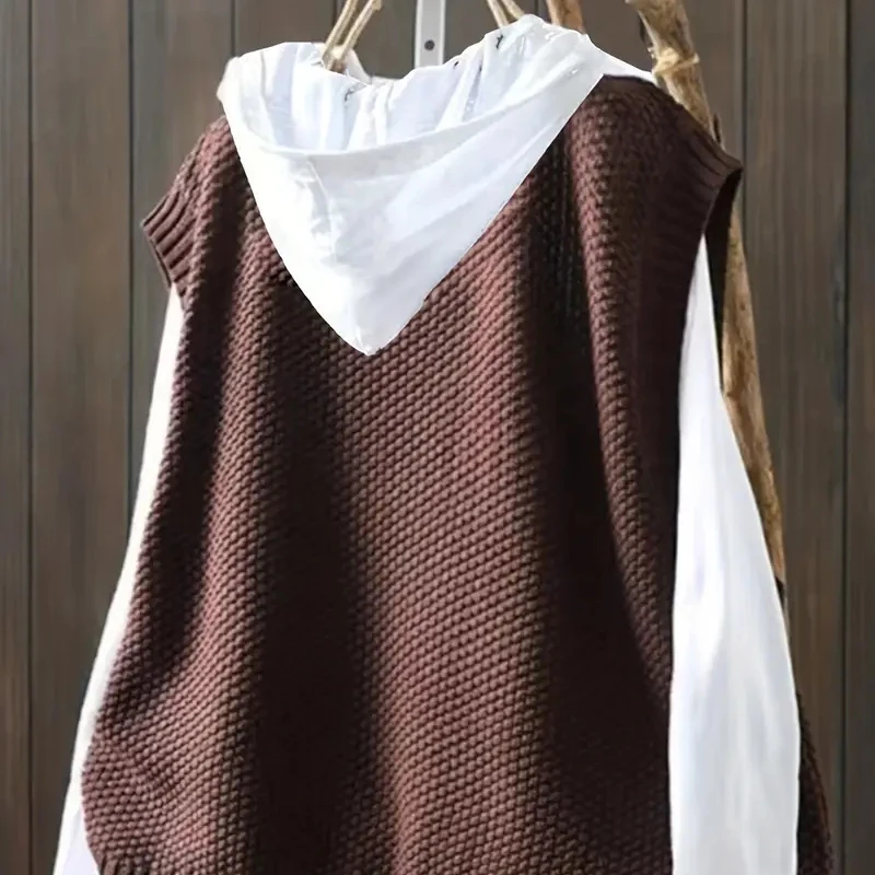 Spring Women Knitted Sweater Vest Casual Solid Color Loose Round Neck Sleeveless Pullover Early Autumn Irregular All-match Vest