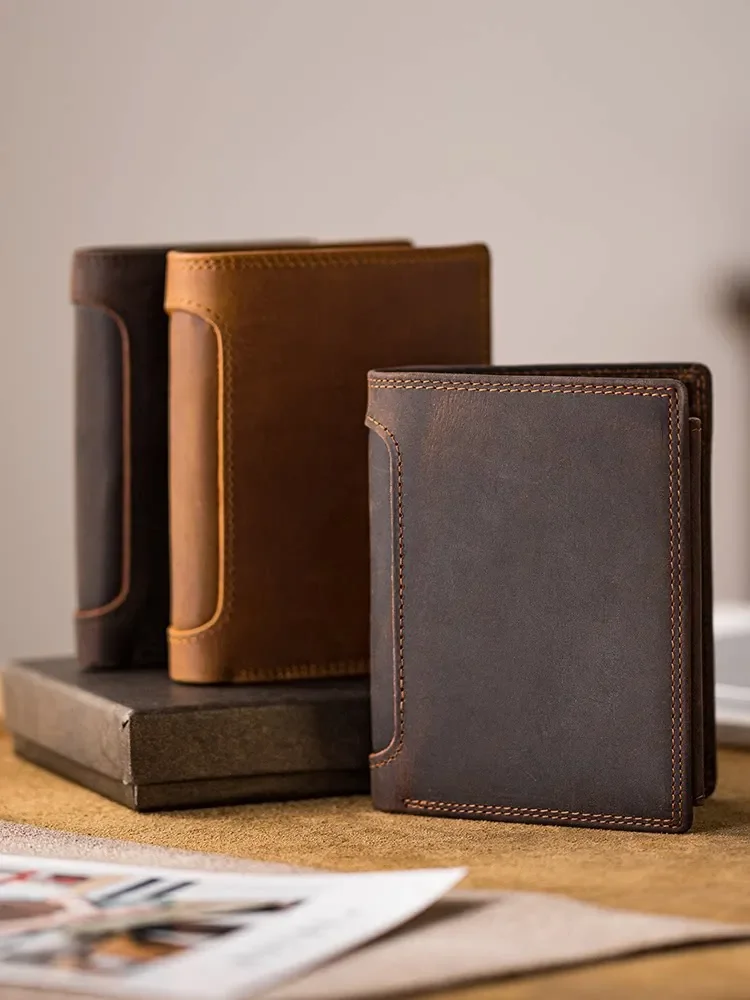 Handmade leather men's casual simple vertical multi-functional first-layer cowhide leather wallet