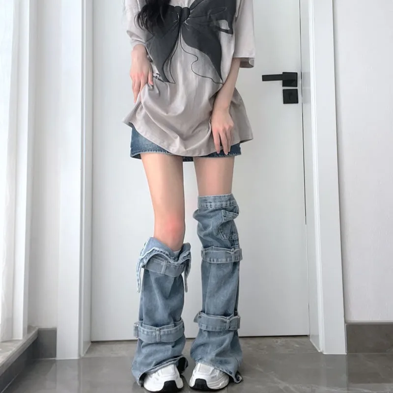 

Korean Boot Cover Denim Leg Warmers for Women Design Y2K Girls Boots Calf Punk Long Leg Baggy Grunge Socks
