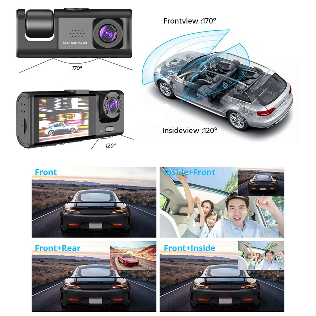 ABS Auto 3 Lenses Dash Cam 2-inch Screen Battery Powered Rechargeable Camera