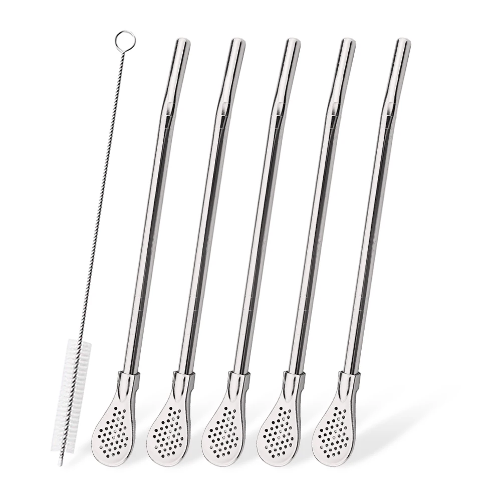 6 unids/set pajitas de acero inoxidable plateadas lavables reutilizables Yerba Mate cuchara filtro paja para accesorios de cóctel Bar