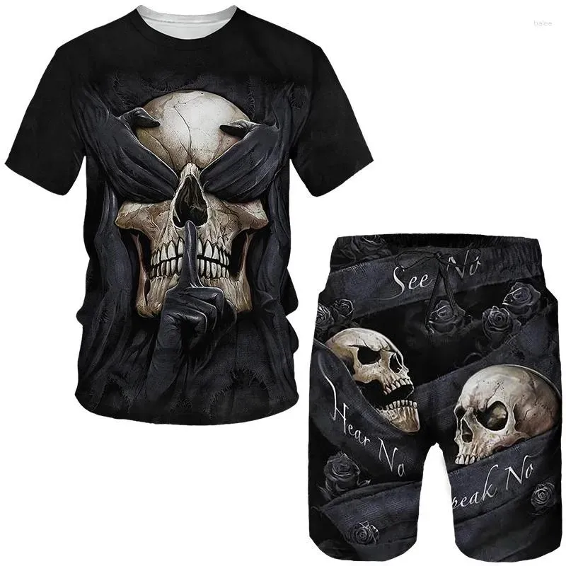 Men\'s Summer Round Neck Skull T-shirt Set 3D Printing Skull Short Sleeve Two-piece set Fashion Leisure Sports Short Sleeve set