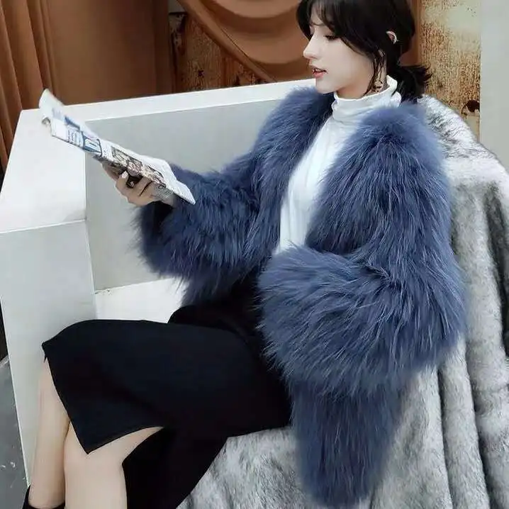 ฤดูใบไม้ร่วงและฤดูหนาวใหม่ Faux Fur Raccoon ขนสัตว์ทอขนสัตว์ผู้หญิงยาวเสื้อแฟชั่นเสื้อขนสัตว์