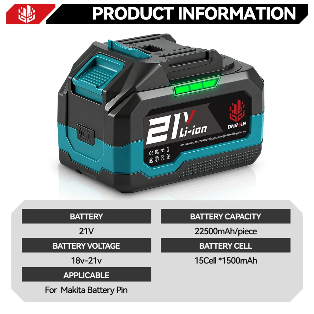 ONEVAN 22500mAh 15000mAh Lithium-Ionen-Akku, passend für Schraubenschlüssel, Schraubendreher, wiederaufladbarer Akku für Makita 18V Akku-Werkzeug – Detail 4