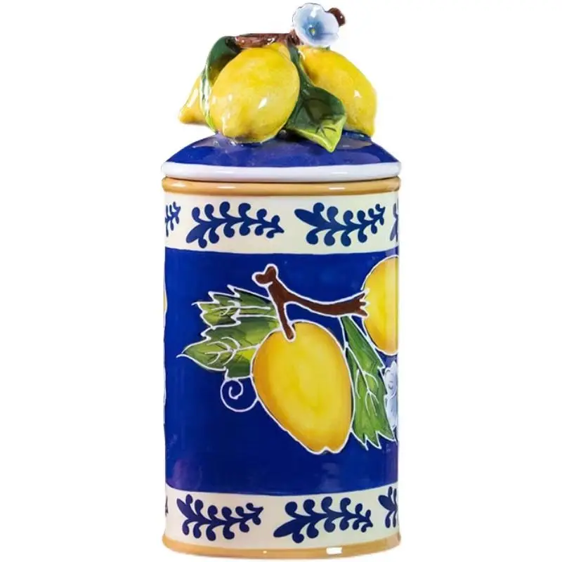 

Hand painted ceramic lemon, decorative storage tank - European style sealed jar, kitchen grain jar
