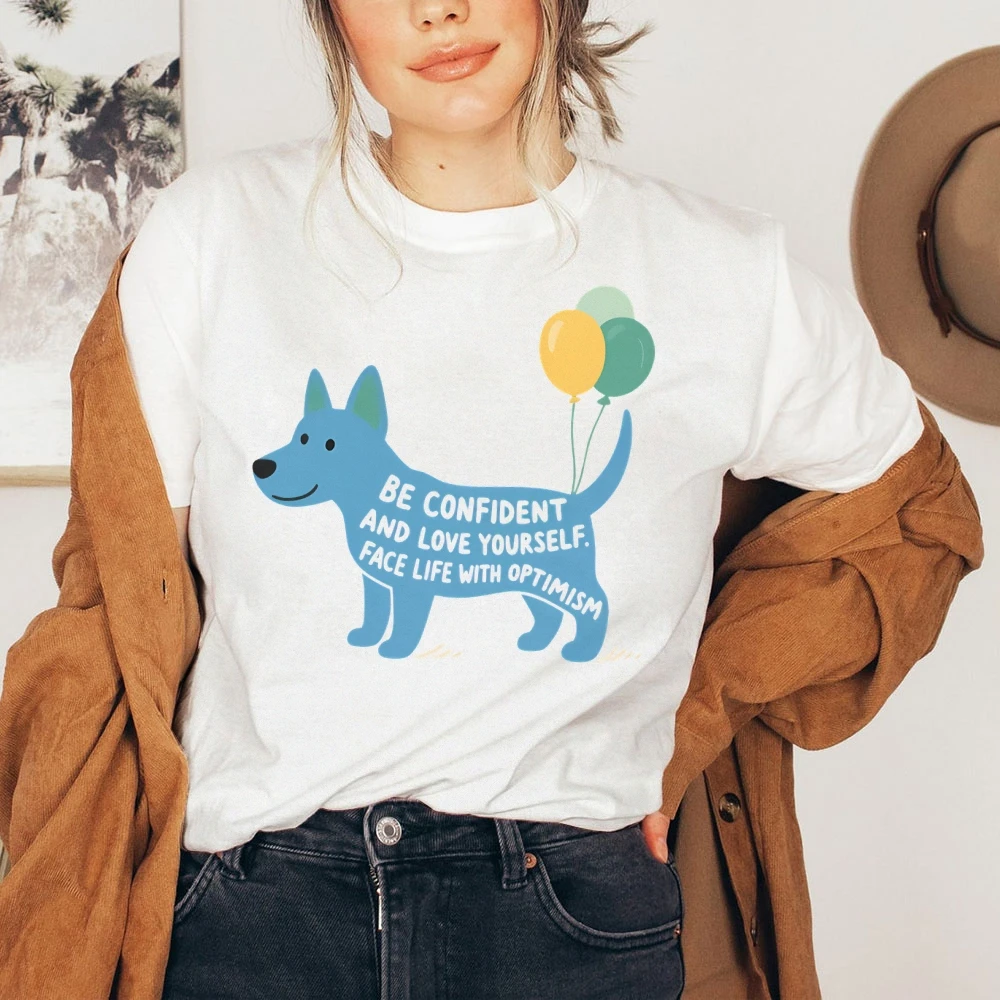 

Y2K Women‘s Clothes Cotton Casual T-Shirt Graphic Tees Street Wear Colorful Cute Cartoon Blue Dog Balloons Be Confident