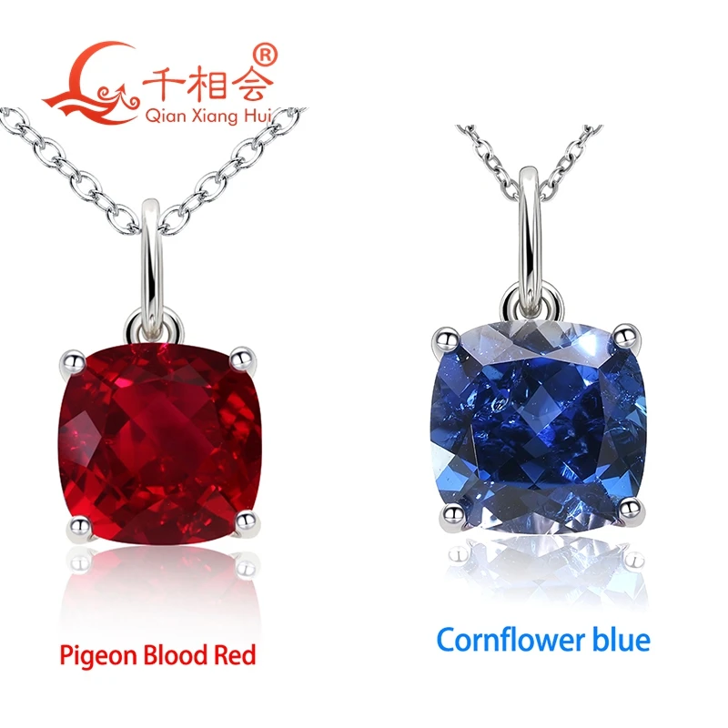 925 Silver 4ct 9*9mm Cushion Royal Blue/Cornflower Sapphire Pigeon Blood Red Ruby Inclusions Stone Jewelry for Pendant Necklace