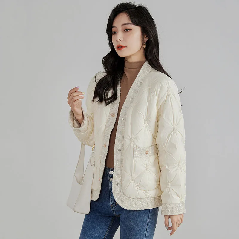Autumn Winter Down Jacket V-Neck Patchwork Lightweight White Duck Down Coat Women Quilted Long Sleeve Top Design Clothing Trend