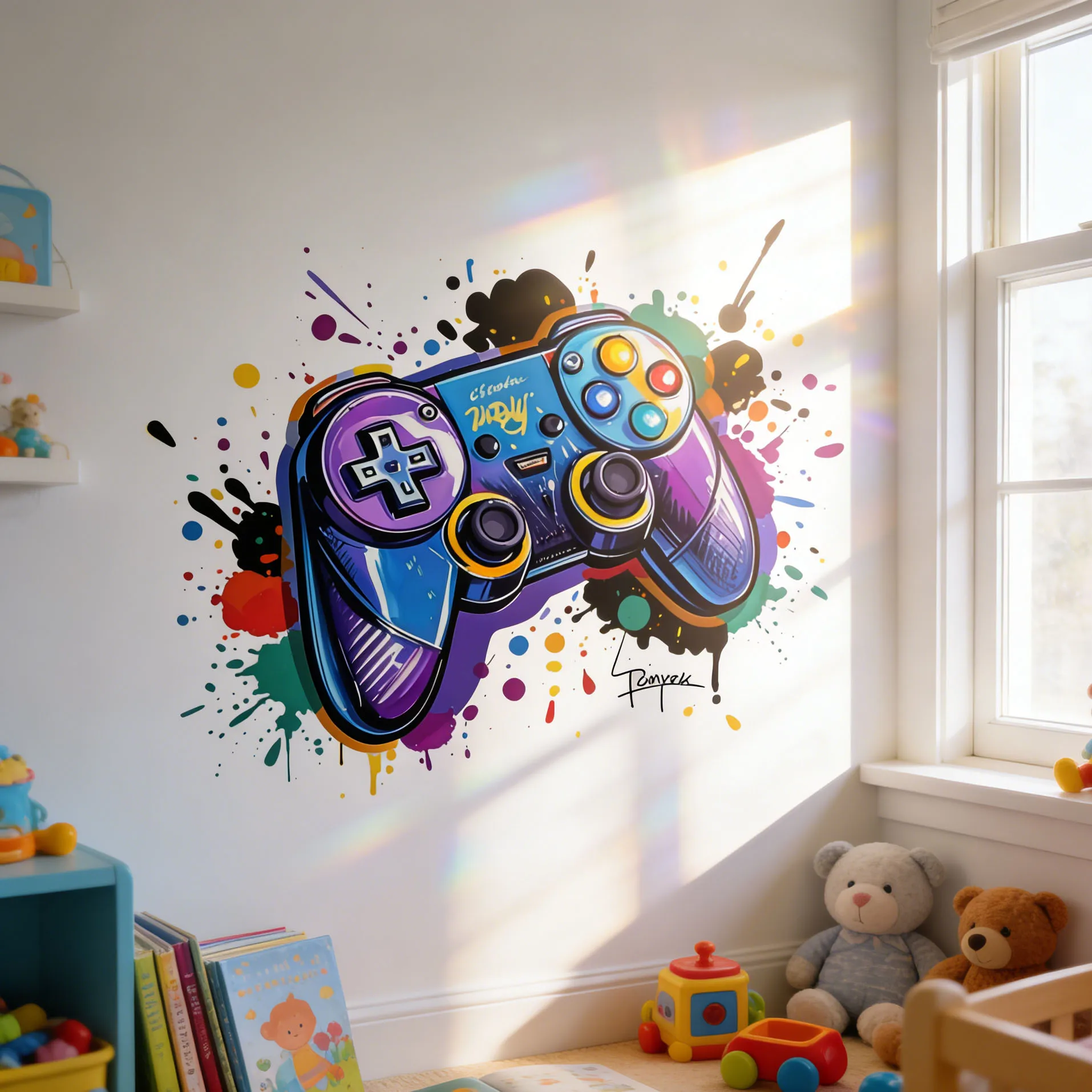 Cool Graffiti Game Controller Self-Adhesive Wall Stickers for Boys' Room Decor Punk Style Bedroom Living Room Cafe Decor