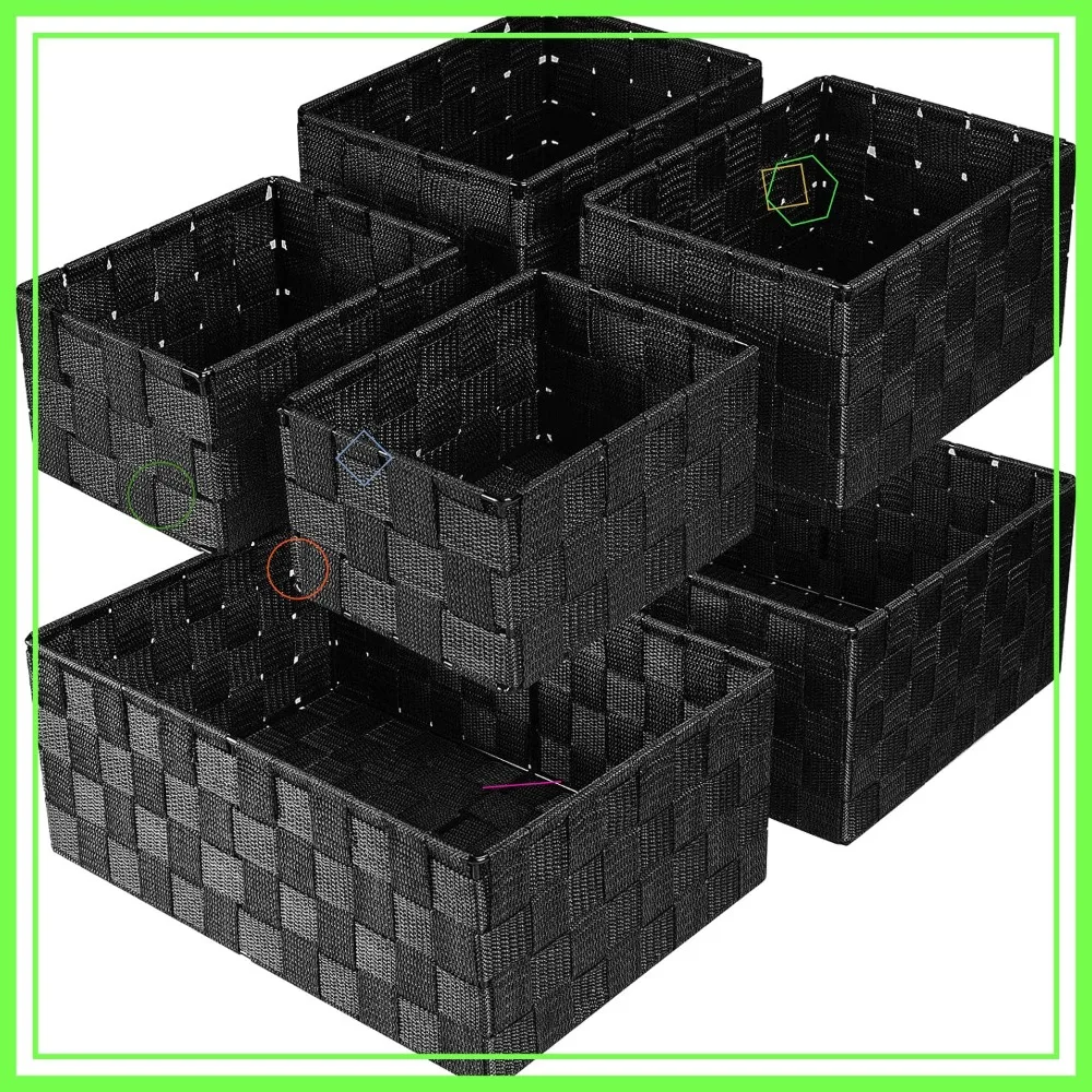 

Набор из 6 черных плетеных корзин для хранения одежды, для полок и организации пространства в шкафу