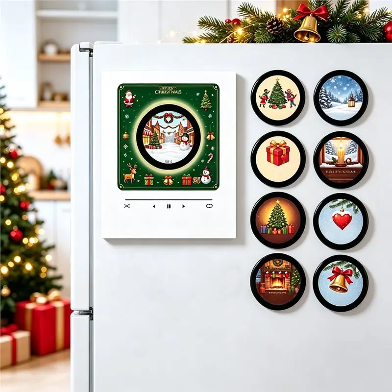 My Home Xmas Magnetic Music Fridge Magnet Christmas Night Light Touch To Play Vinyl Record Player Built-In LED Fridge Magnet