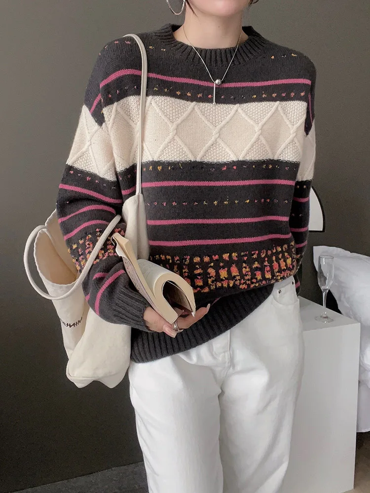 High Quality Women Autumn Winter Thick Sweater O-neck Multicolor Twist Striped Pullover 100% Merino Wool Knitwear Vintage Style