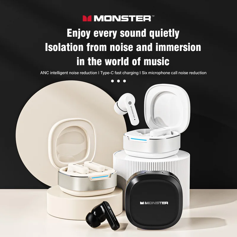 Monster QM10 TWS Earphones Bluetooth 5.4 HiFi Bass Stereo Sports Headphones Dual HD Mic Headset Long Standby