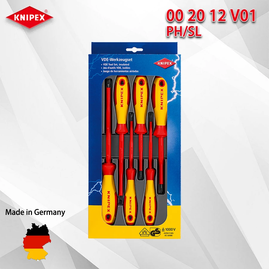 

KNIPEX Набор изолированных отверток из 6 предметов для крестообразных и шлицевых винтов, отвертки VDE 1000 В 00 20 12 V01