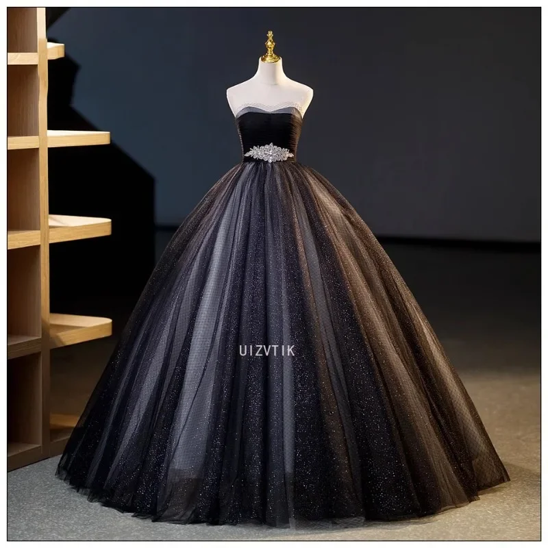 

Customized Black Ball Gown Quinceanera Dresses Women Tulle Crystal Lace Up Prom Birthday Party Gowns Formal Occasion Dress