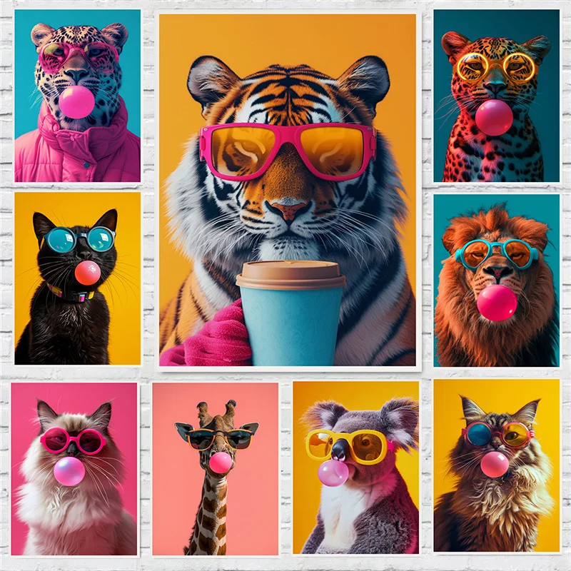 Animal Bengal Cat Drinking Coffee Jaguar Blow Bubbles Poster Print Wall Art Pictures Canvas Painting Living Room Home Decor Gift