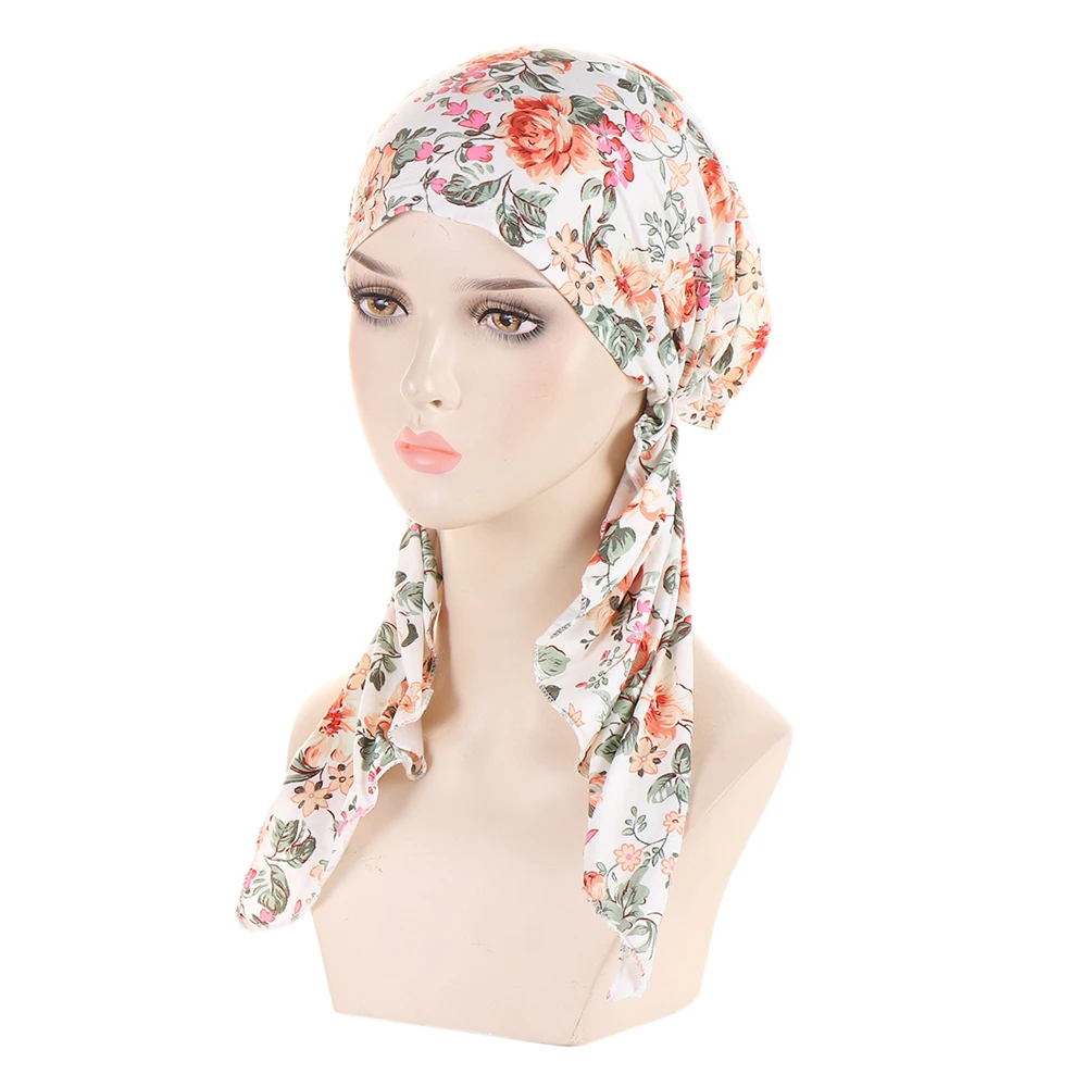 

New Muslim Women Soft Turban Hat Headbands Pre-Tied Head Scarf Printed Ladies Print Chemo Cap Inner Hijabs Hair Accessories