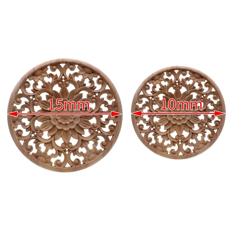 Hot kf-2Pcs Carved Flower Carving Round Wood Appliques for Furniture Cabinet Unpainted Wooden Mouldings Decal Decorative Figurin