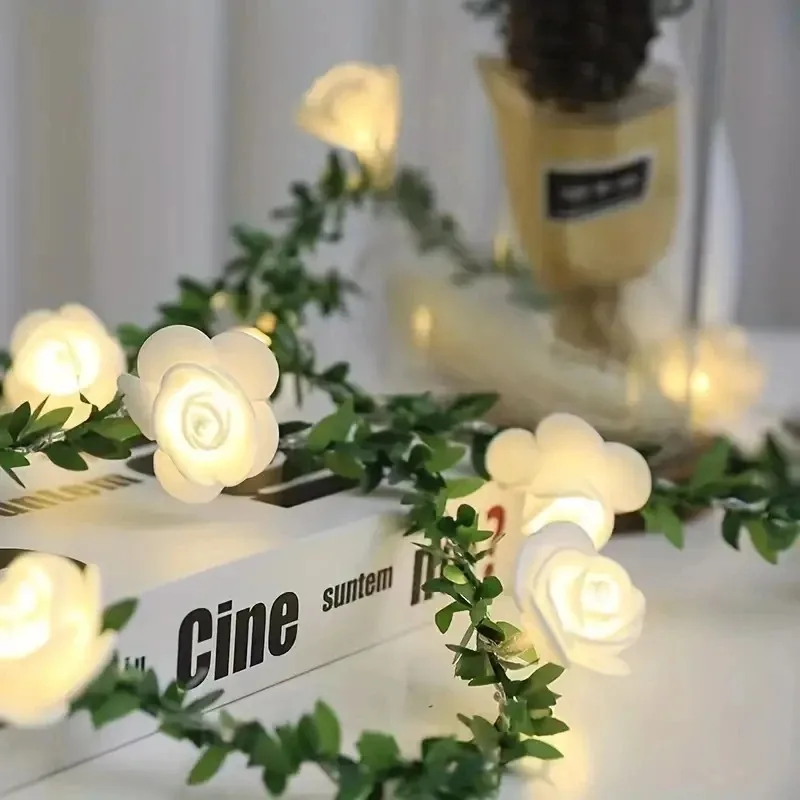 Battery Powered White Rose String Lights Fairy Lamp for Wedding Valentine Party Wreath Home Bedroom Decorative Ambient Lighting