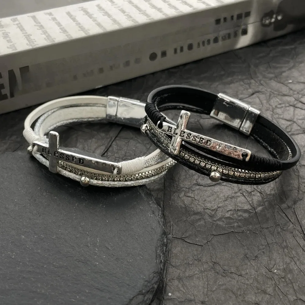 Personality Trendy Engraving“BLESSED”Lava Cross Row of Zircon Leather Multi-layer Bracelets for Women Men Friends Jewelry Gifts