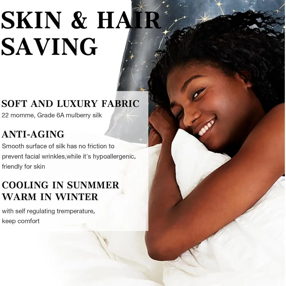 أغطية وسائد من حرير التوت 100% بحجم كوين مع نمط السماء المرصعة بالنجوم الزرقاء، 22 مومي، 20 × 30 للعناية بالبشرة والشعر