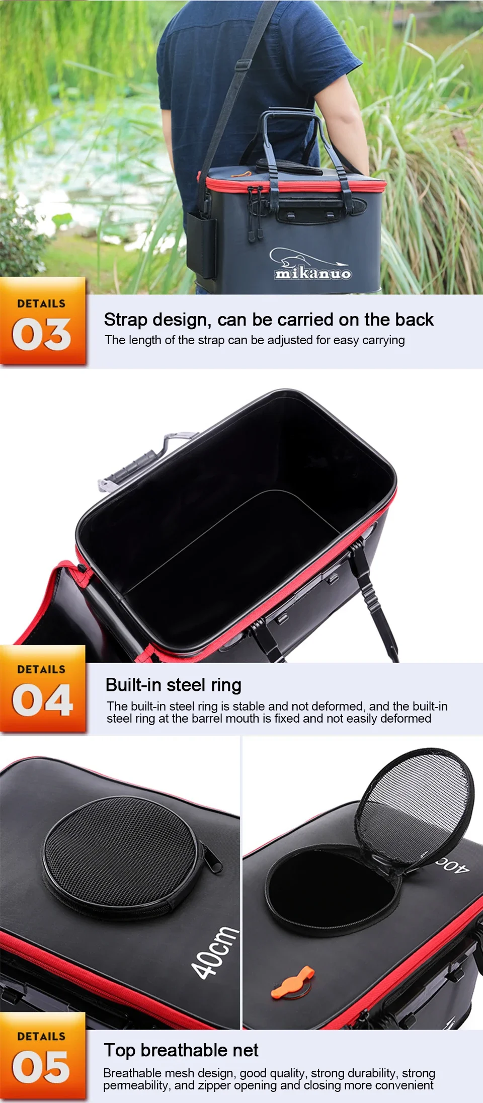 Neuer 30-50cm Fischereieimer aus EVA, faltbar mit Tragegriff, zusammenklappbare Lebendfischbox mit Seitentasche und Reißverschluss für Reisen und Camping – Detail 7