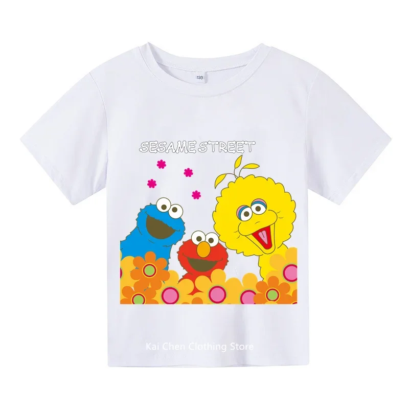 The Sesame Street Elmo Cartoon Print Funny Kids T shirt Summer Short Sleeve Children Clothes Cotton Baby Boys Girls T-Shirts