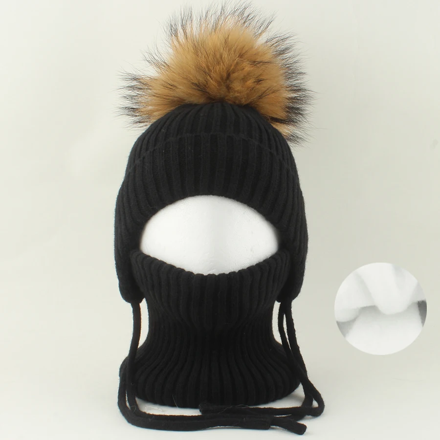 Winter-Wollmütze mit Nackenschutz 2-teiliges Set Echte Fuchsfell-Mütze für Kinder Jungen Mädchen Dicke Fleece Warme Gestrickte Gestreifte Ohrenklappe Baby Skullies Mütze – Detail 23