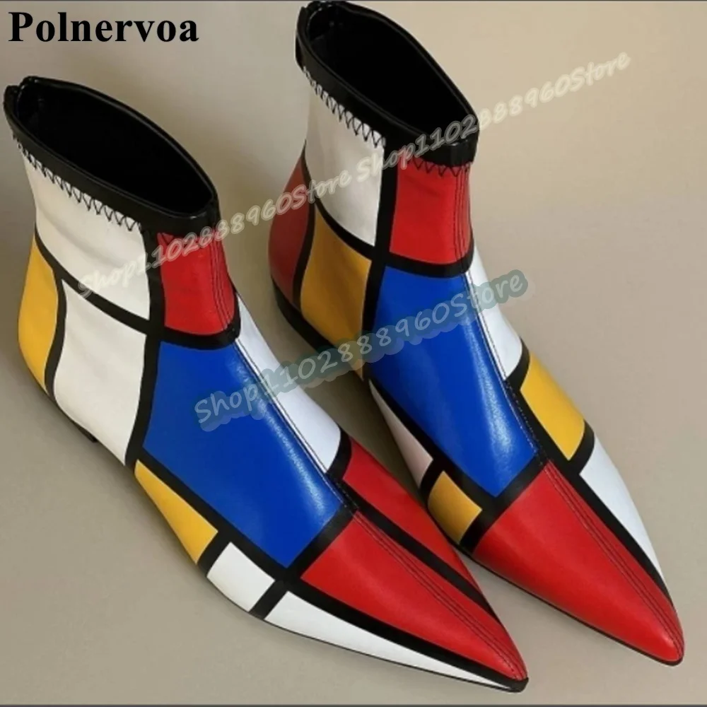 

Mixed Leather Checkered Pointy Ankle Boots Flats Shoes For Women Back Zipper Pointed Toe Party Fashionable Stylish Women Boots
