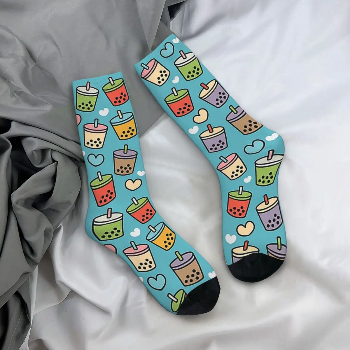 Chaussettes à motif de saveurs et de coeurs de thé à bulles pour hommes et femmes, bas doux Harajuku, chaussettes longues toutes saisons, cadeau d'anniversaire mignon