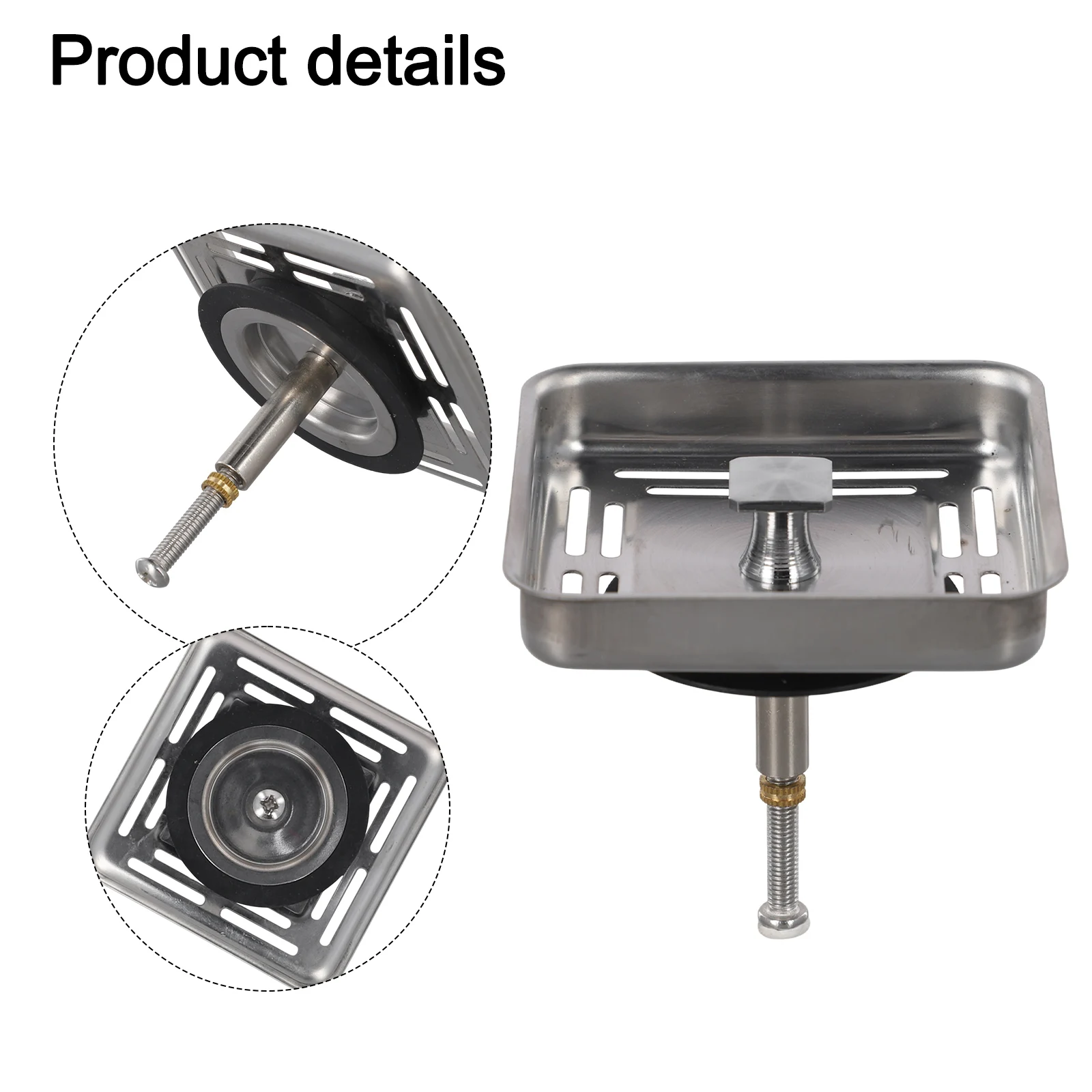 Kitchen Sink Strainer 79mm Square Stainless Steel with Rubber Post Stopper to Filter Waste and Protect Sink Drains from Clogging