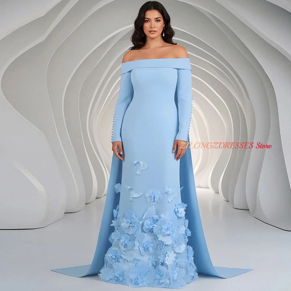 Formal 3D Flowers Customized Evening Dress Soft Blue Jersey Watteau Train Homecoming Dresses Buttons Special Occasion Gowns