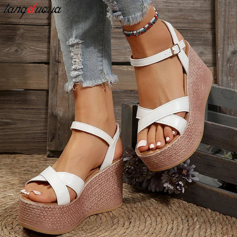 Ankle Buckle Wedge Sandals for Women 2024 Summer Platform Sandal Woman Thick Sole Vacation Beach Shoes Dress party Shoes 43