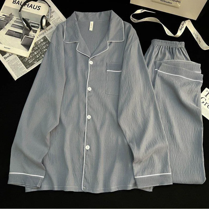 

Men's Long Sleeve Long Pants Simple Solid Color High-End Two-Piece Sleepwear with Outerwear Capability for Spring and Autumn