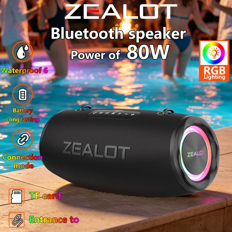 ZEALOT-S87 Altoparlante Bluetooth ad Alta Potenza 80W, Portatile, con Luce RGB Colorata, Impermeabile, Subwoofer Wireless, Audio Stereo Surround a 360