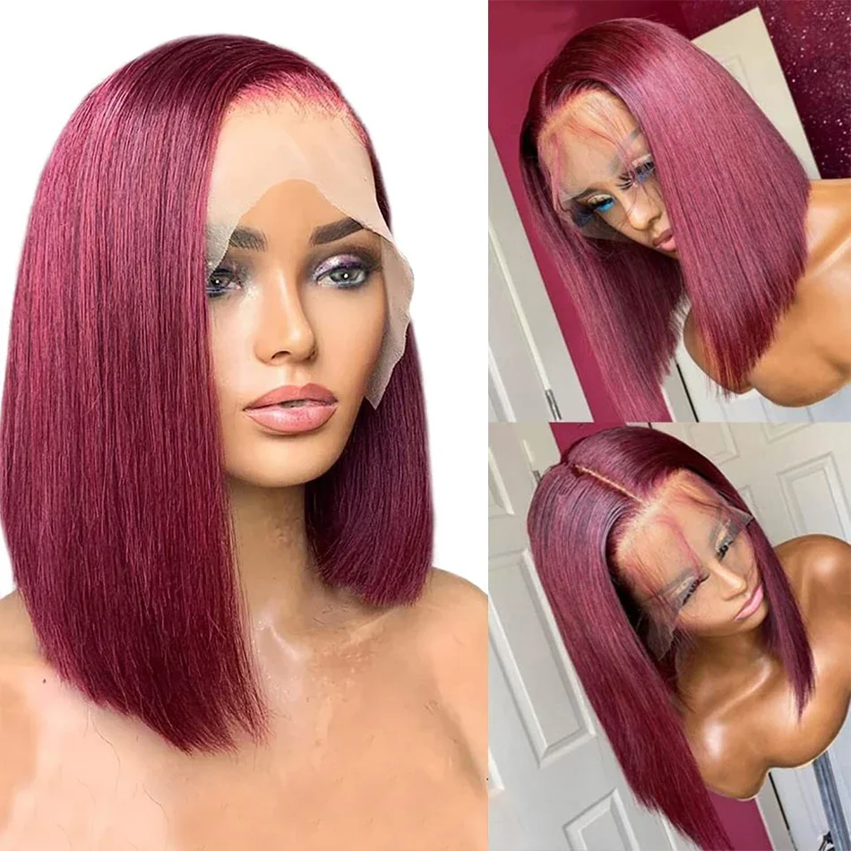 

99J Burgundy Red Lace Front Wigs Double Drawn Human Hair Straight Short Bob Wig 13x4 Vietnamese Hair Lace Frontal Wig Preplucked