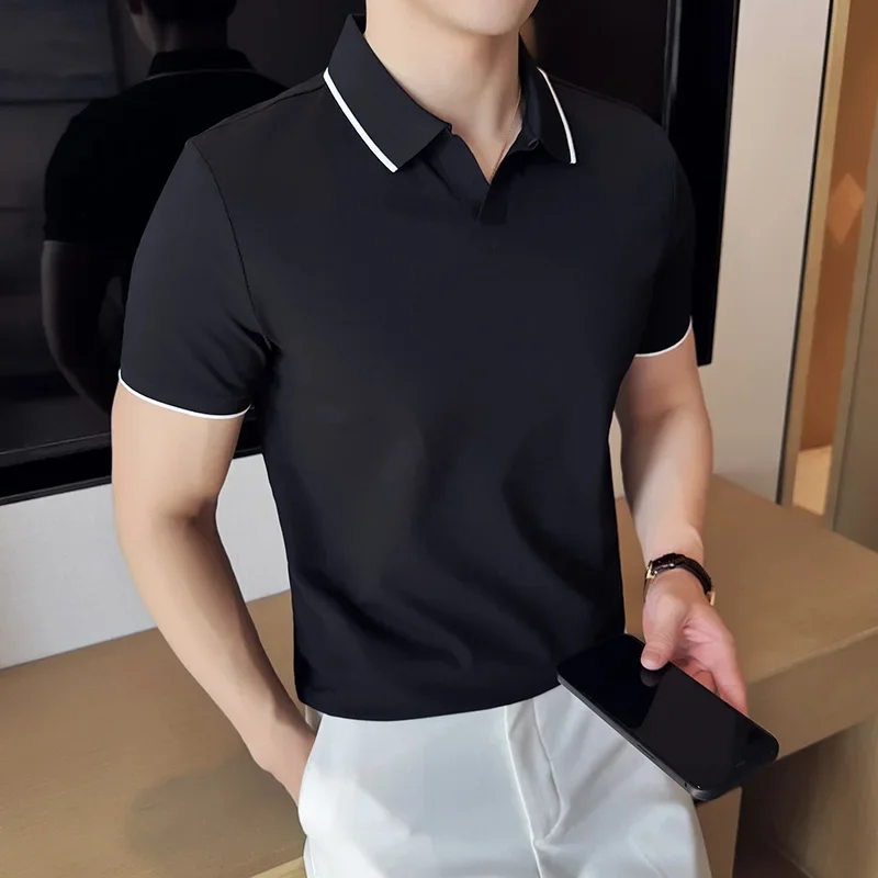 Men Polo Shirt 2024 Summer Thin British Style Solid Casual Slim Fit Short Sleeved Top T-shirt Fashion Streetwear Men Clothing