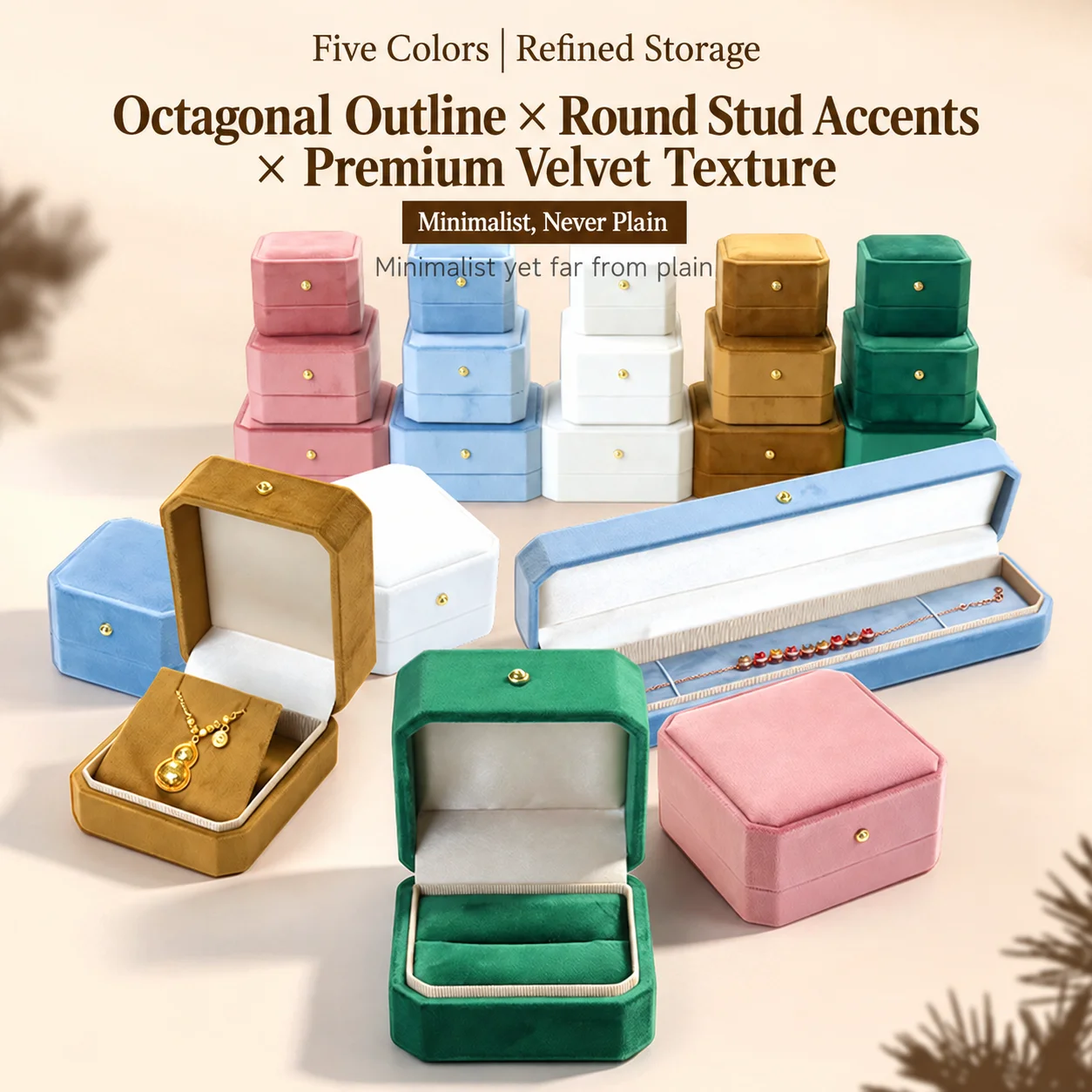 Octagonal Velvet Round Stud Jewelry Box Earrings Bracelets Necklaces Ring Box Jewelry Storage Case For Engagement Wedding